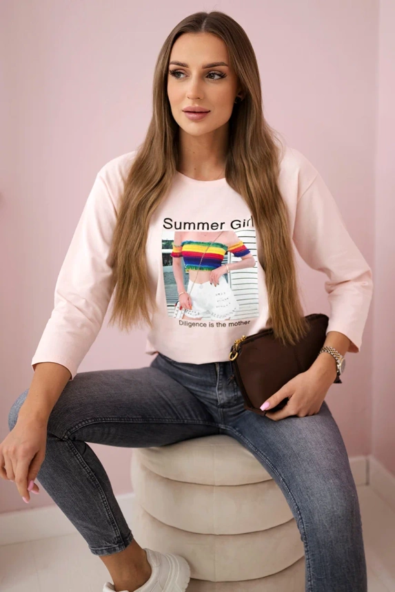 Bluzka z nadrukiem Summer Girl , pudrowy róż uniwersalny , Bluzki , TR , pol_pm_Bluzka-z-nadrukiem-Summer_4_45dfdb01-3cd9-4a53-a662-53f213922c9a , 66787 Bluzki Odzież Damska Promocja Wszystkie Produkty