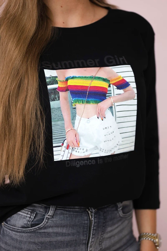 Bluzka z nadrukiem Summer Girl , czarna uniwersalny , Bluzki , TR , pol_pm_Bluzka-z-nadrukiem-Summer_7 , 66787 Bluzki Odzież Damska Promocja Wszystkie Produkty