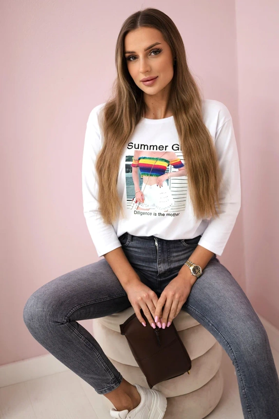 Bluzka z nadrukiem Summer Girl , biała uniwersalny , Bluzki , TR , pol_pm_Bluzka-z-nadrukiem-Summer_8 , 66787 Bluzki Odzież Damska Promocja Wszystkie Produkty