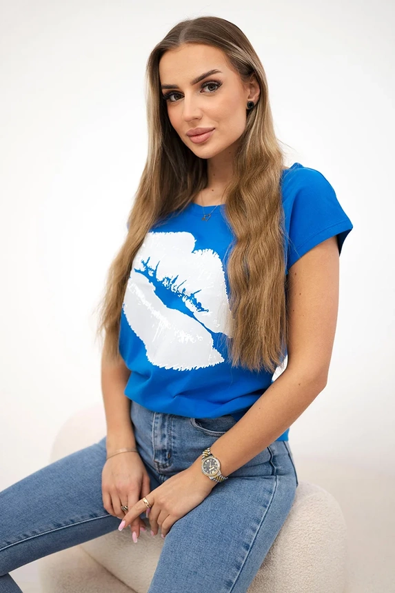 Bluzka z nadrukiem ust , Chabrowa uniwersalny , Bluzki , TR , pol_pm_Bluzka-z-nadrukiem-ust-ch , 8985 Bluzki Odzież Damska Wszystkie Produkty