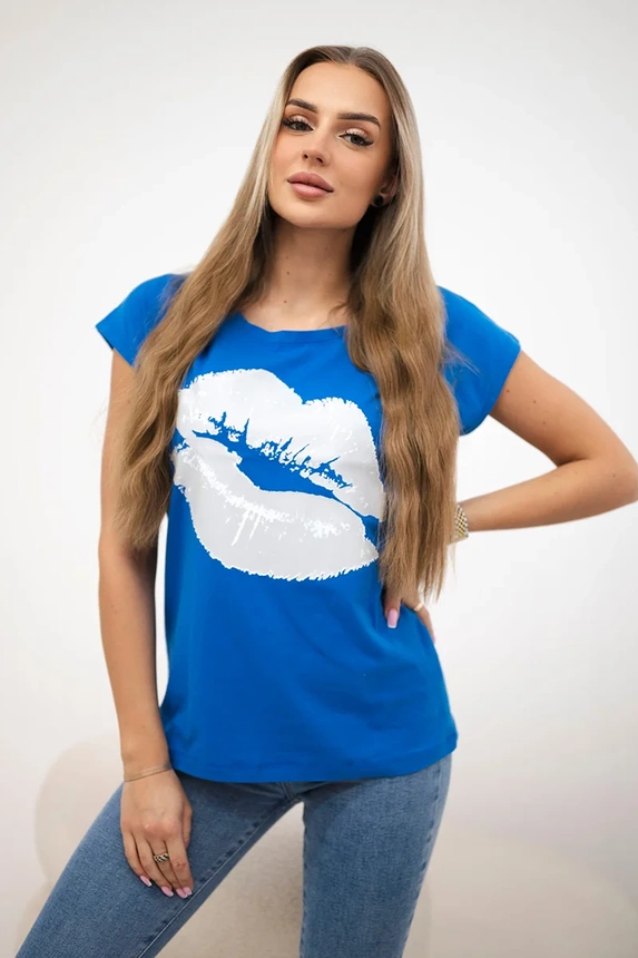 Bluzka z nadrukiem ust , Chabrowa uniwersalny , Bluzki , TR , pol_pm_Bluzka-z-nadrukiem-ust-ch_1 , 8985 Bluzki Odzież Damska Wszystkie Produkty